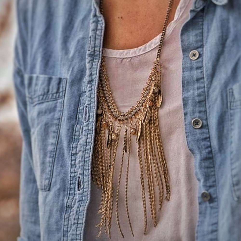 Boho beaded feather charm fringe necklace